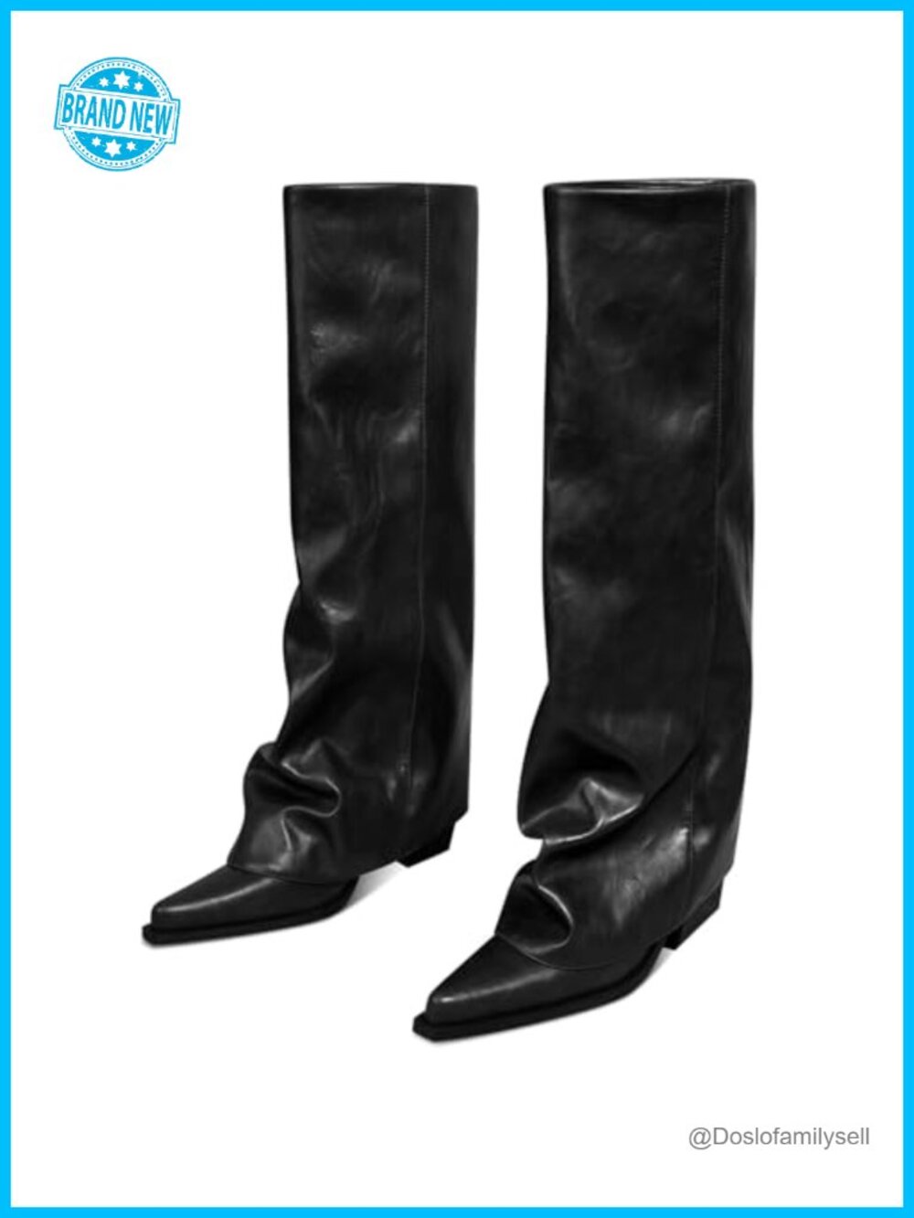 Wide Calf Fold Over Knee High Boots Chunky Heel Faux Leather
